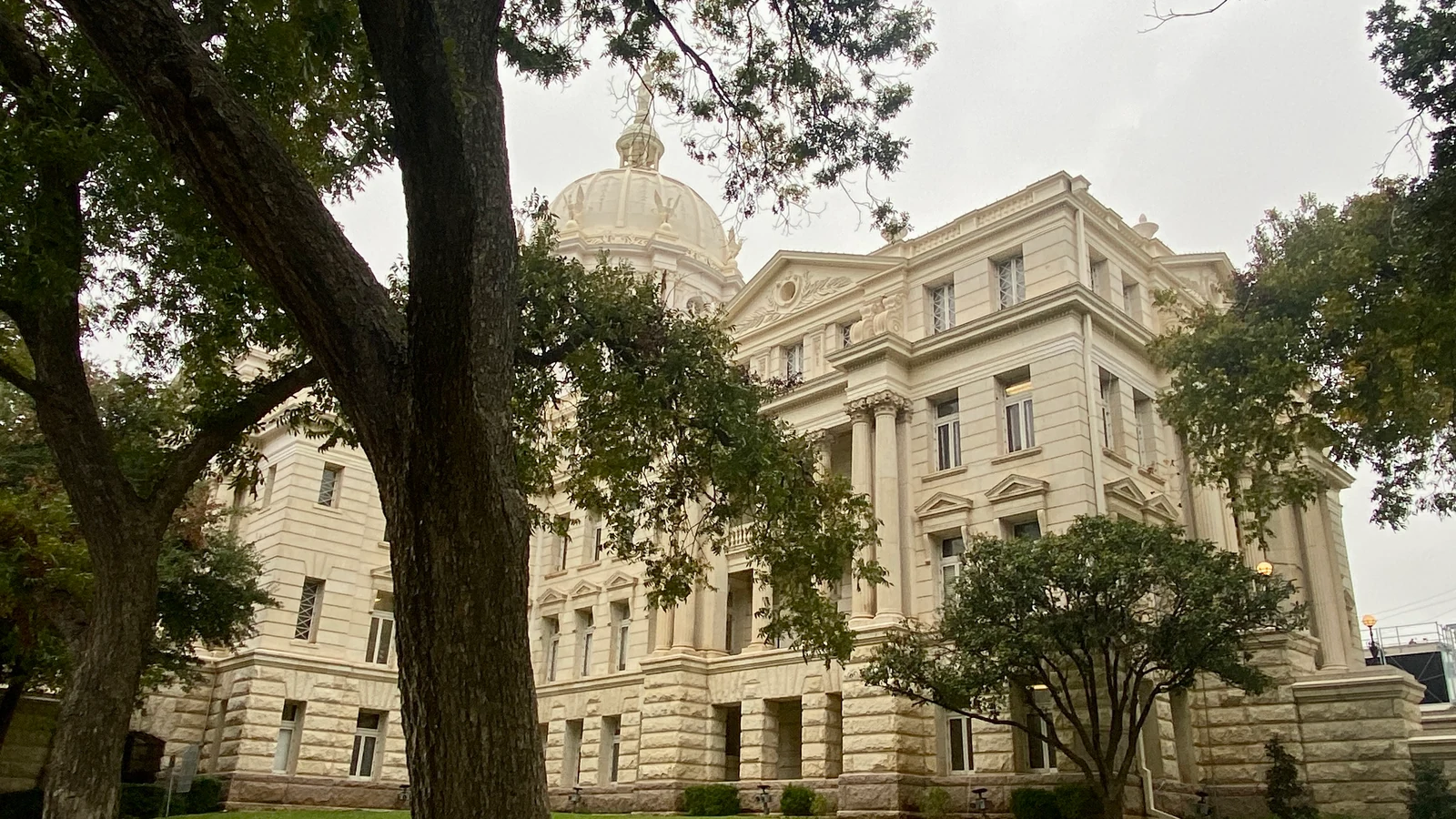 Exterior of the McLennan County Courthouse framed by mature trees.