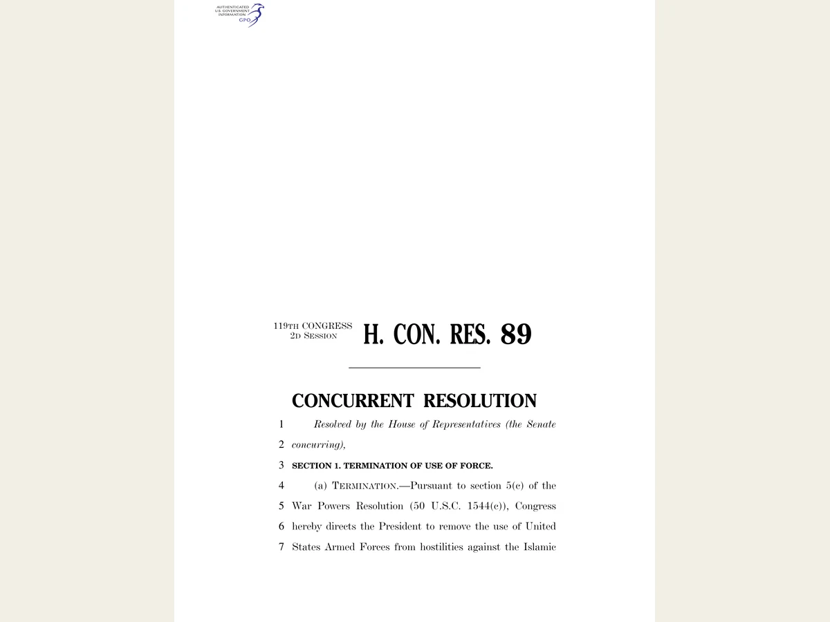 First page of House Concurrent Resolution 89 directing removal of U.S. forces from hostilities with Iran.