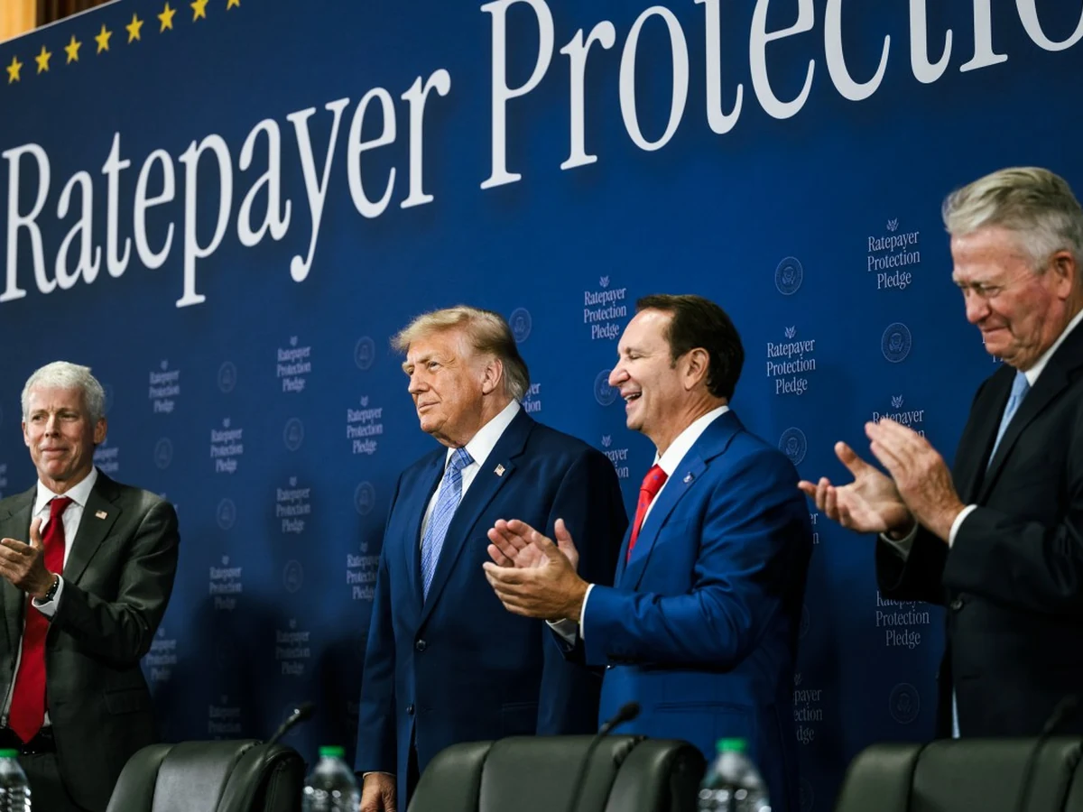 President Trump and several men applaud in front of a Ratepayer Protection Pledge backdrop.