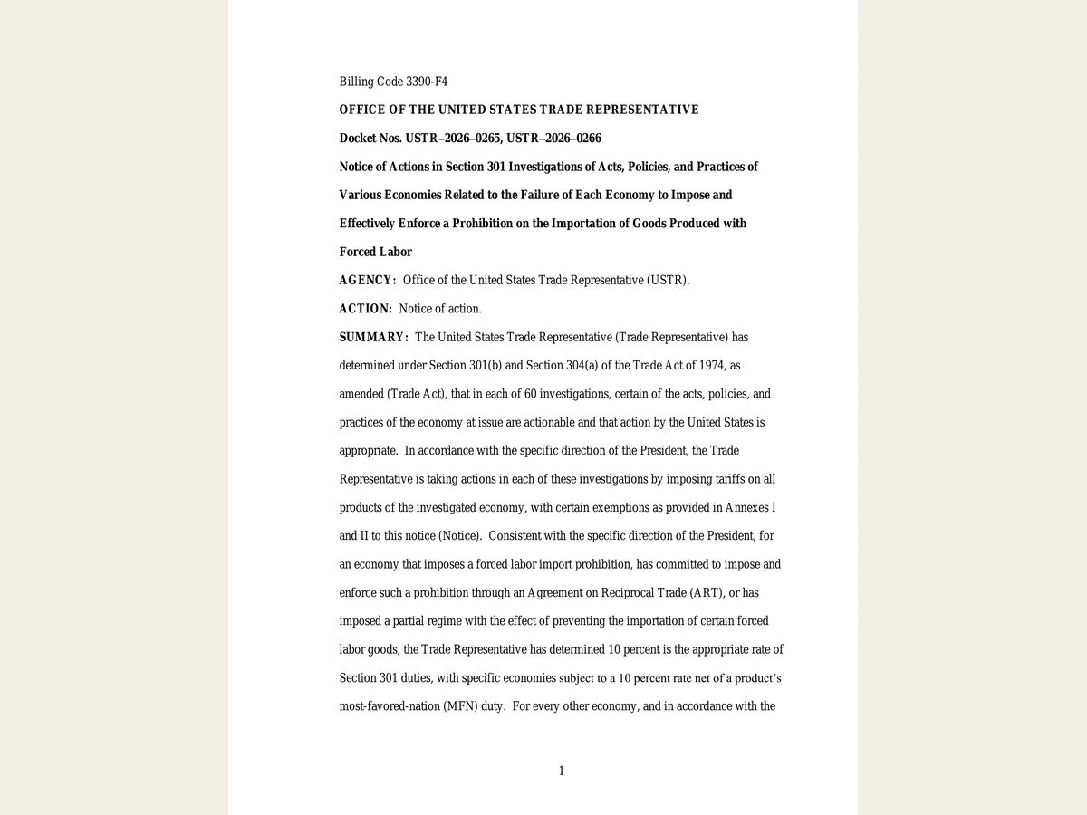 First page of the USTR notice imposing Section 301 tariffs in 60 forced-labor investigations.