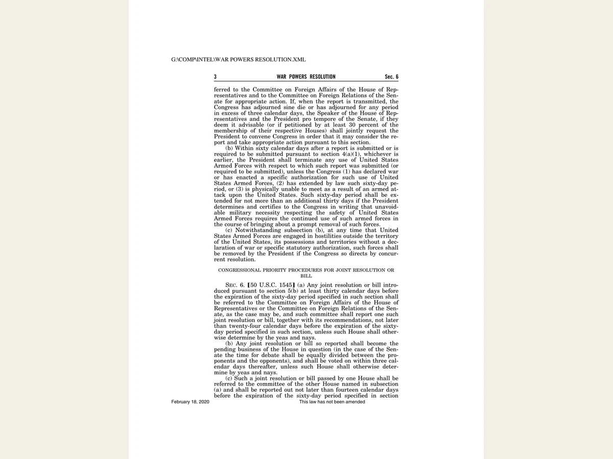 Rendered page of the War Powers Resolution showing Section 5 termination and removal provisions.