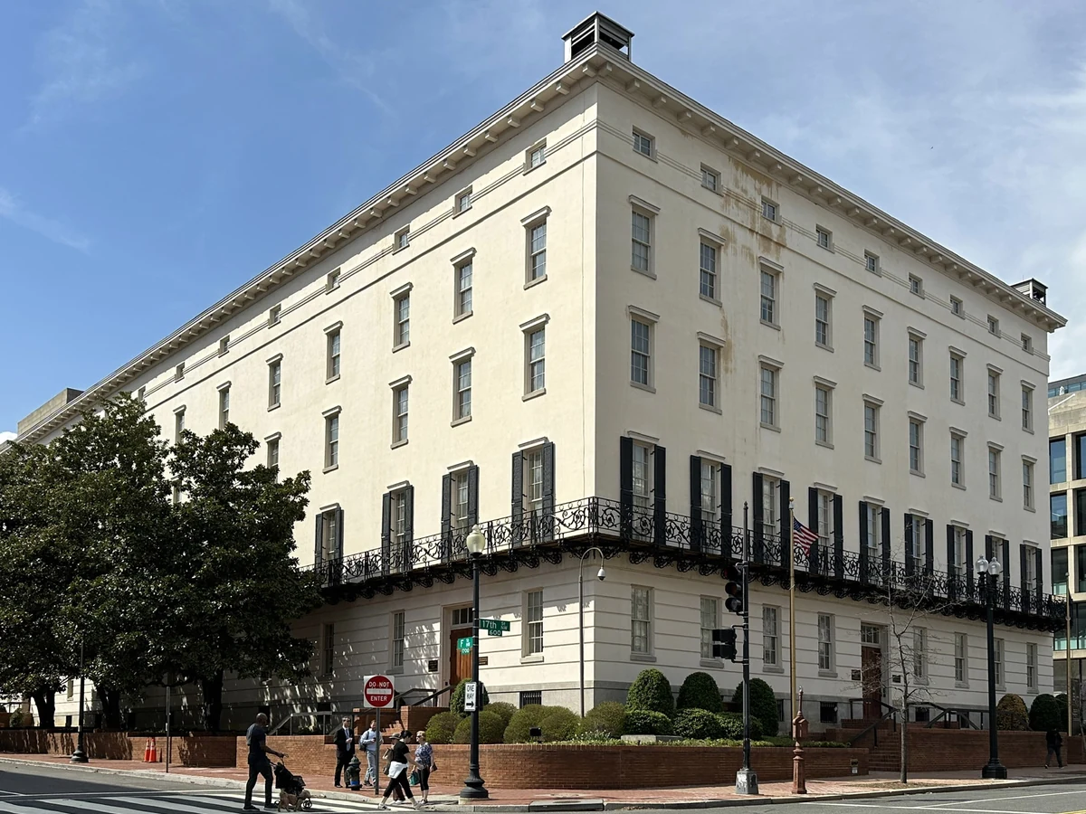 White nineteenth-century Winder Building at the corner of 17th and F Streets in Washington.