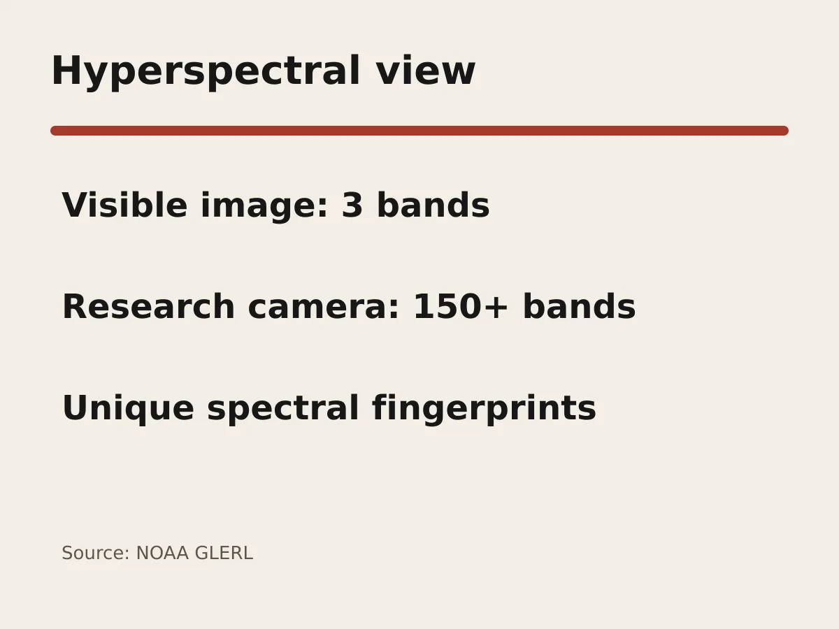 Graphic compares three visible-light bands with more than 150 hyperspectral bands.