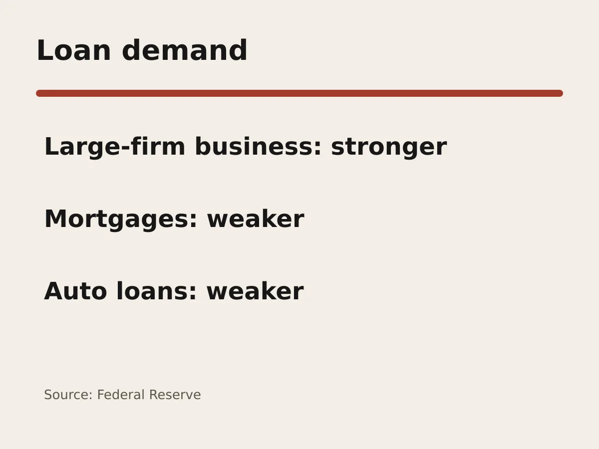Graphic contrasts stronger large-firm loan demand with weaker mortgage and auto demand.