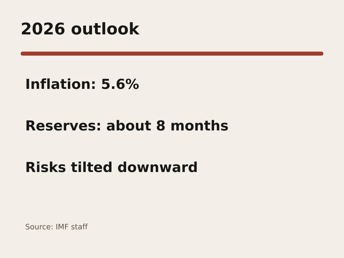Graphic shows 5.6 percent projected inflation and about eight months of import reserves.