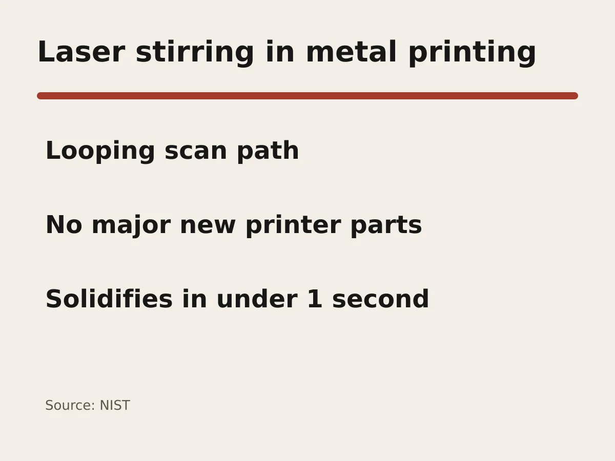 Graphic lists a looping laser scan path, no major new printer parts and solidification in under one second.
